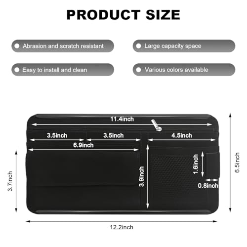 SHMZK Car Sun Visor Organizer, Leather Sun Visor Pocket Organizer Case with Multi-Pocket Net Zipper, Suede Note Holder Car Visor Storage Pouch for Card Pen Sunglasses Document (Black) - Image 2