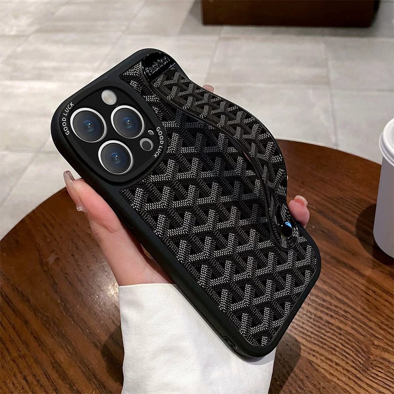Jingxi Compatible Phone Case for Huawei, Vivo, Redmi, Oppo, Xiaomi, iPhone 15 Pro Max, 14 Plus, 13/18/16, Soft Protective Cover with Wrist Strap and Stand, Black Geometric Patchwork Design - Image 1