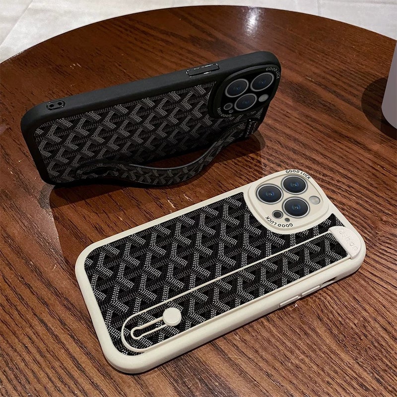 Jingxi Compatible Phone Case for Huawei, Vivo, Redmi, Oppo, Xiaomi, iPhone 15 Pro Max, 14 Plus, 13/18/16, Soft Protective Cover with Wrist Strap and Stand, Black Geometric Patchwork Design - Image 3