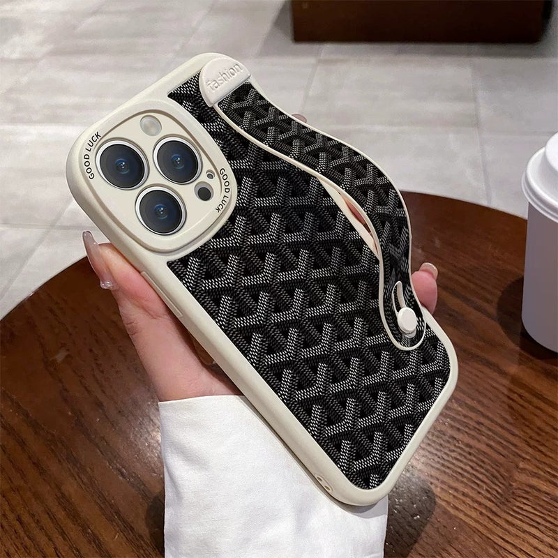 Jingxi Compatible Phone Case for Huawei, Vivo, Redmi, Oppo, Xiaomi, iPhone 15 Pro Max, 14 Plus, 13/18/16, Soft Protective Cover with Wrist Strap and Stand, Black Geometric Patchwork Design - Image 2