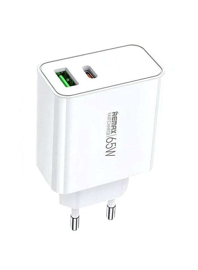 REMAX 2 IN 1 Fast Charger , USB AND TYPE-C Port 65 w , mini and easy carry white color . use all devices type c and high power - Image 1
