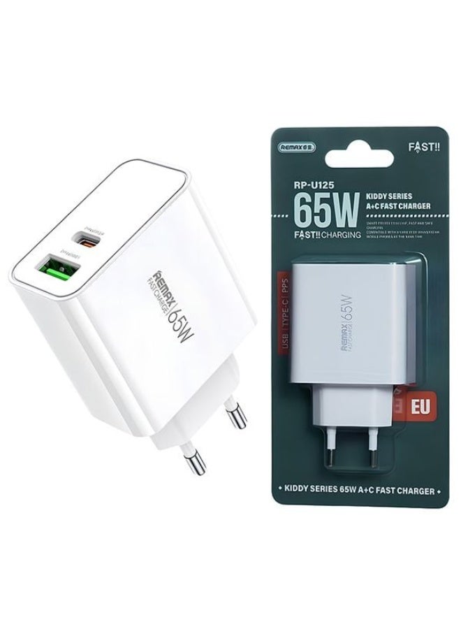 REMAX 2 IN 1 Fast Charger , USB AND TYPE-C Port 65 w , mini and easy carry white color . use all devices type c and high power - Image 2