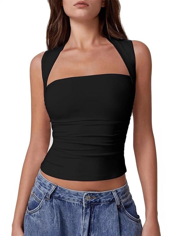 المرأة مربع الرقبة الخزان قمم الجانب Ruched مزدوجة متطابقة رقيقة تناسب الصيف الخروج المحاصيل أعلى - Image 1