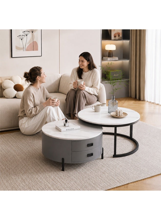 keke Modern Round Nesting Coffee Table Set with 2 Storage Drawers, Faux Marble Top, Space-Saving Living Room Furniture, Grey & White - Image 2