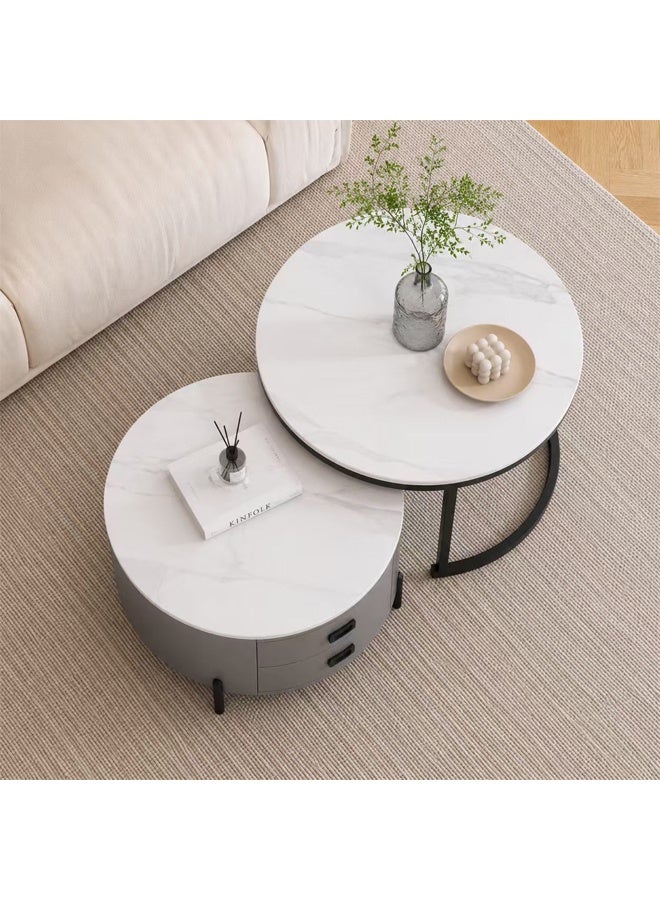 keke Modern Round Nesting Coffee Table Set with 2 Storage Drawers, Faux Marble Top, Space-Saving Living Room Furniture, Grey & White - Image 4