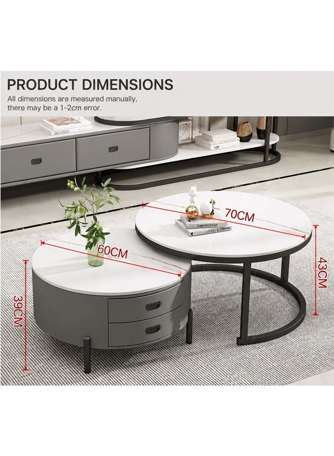 keke Modern Round Nesting Coffee Table Set with 2 Storage Drawers, Faux Marble Top, Space-Saving Living Room Furniture, Grey & White - Image 5