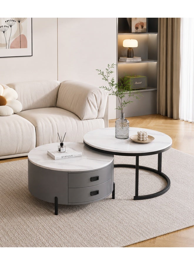 keke Modern Round Nesting Coffee Table Set with 2 Storage Drawers, Faux Marble Top, Space-Saving Living Room Furniture, Grey & White - Image 1