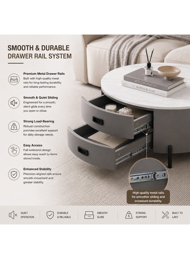 keke Modern Round Nesting Coffee Table Set with 2 Storage Drawers, Faux Marble Top, Space-Saving Living Room Furniture, Grey & White - Image 3