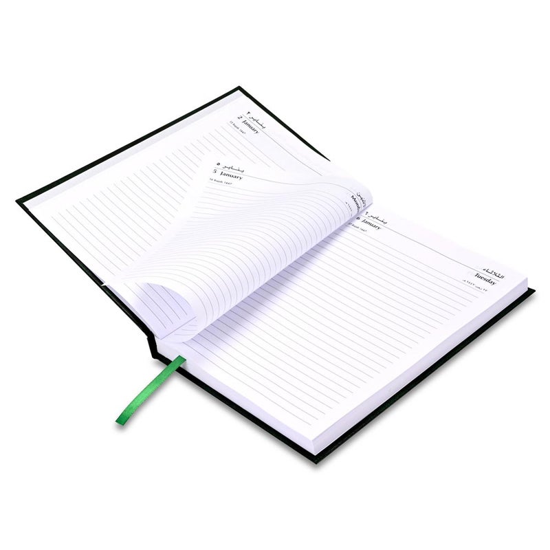 FIS مفكرة FIS 2026 A5، بحجم 148x210 مم، غلاف صلب من الفينيل، تنسيق يوم واحد في الصفحة، السبت والأحد مجتمعة، إنجليزي/عربي، ورق أبيض 60 جرام، غلاف أخضر - FSDI90AE26GR - Image 4
