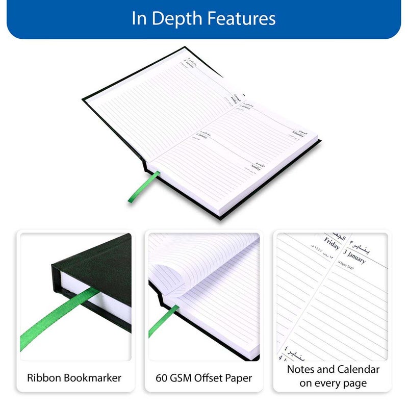 FIS مفكرة FIS 2026 A5، بحجم 148x210 مم، غلاف صلب من الفينيل، تنسيق يوم واحد في الصفحة، السبت والأحد مجتمعة، إنجليزي/عربي، ورق أبيض 60 جرام، غلاف أخضر - FSDI90AE26GR - Image 5