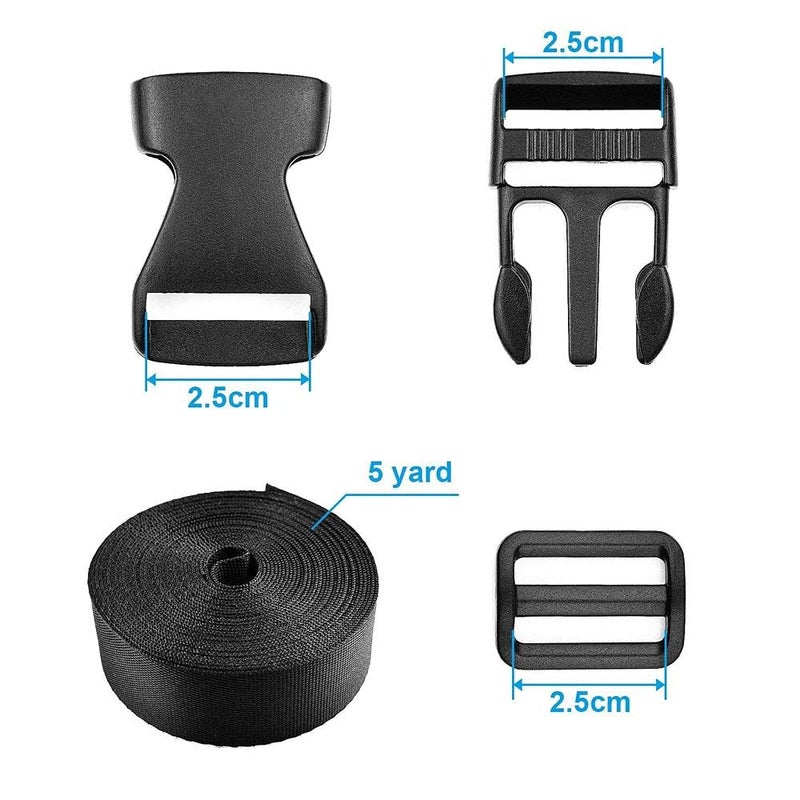 DIY Crafts DIY DIYC10389 Crafts 15 Set Plastic 1 Inch Flat Side Release Buckles and TriGlide Slides with 10 Meter Webbing Black Roll Nylon Webbing Straps Pack of 1 Set Making Luggage Strap  - Image 3