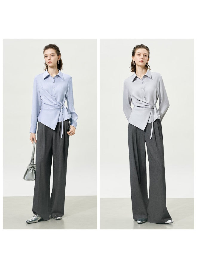 Yanyee Design Long Sleeve Tencel Shirt Women Early Autumn Unique Waist Slimming Top Light Gray 2XL - Image 2