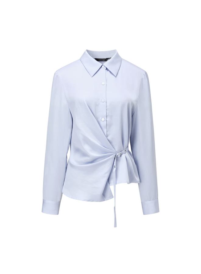 Yanyee Design Long Sleeve Tencel Shirt Women Early Autumn Unique Waist Slimming Top Light Gray 2XL - Image 4