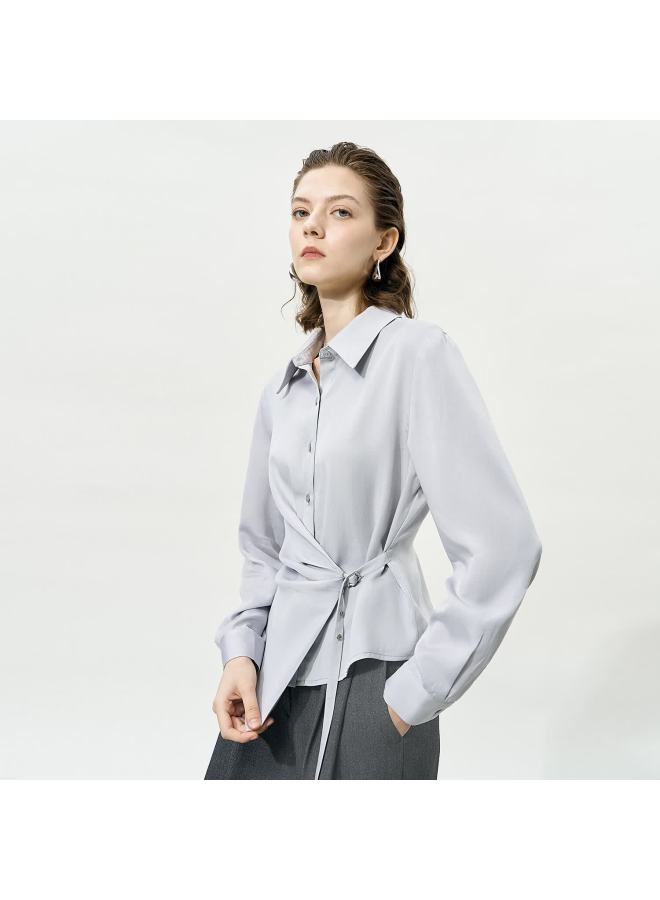 Yanyee Design Long Sleeve Tencel Shirt Women Early Autumn Unique Waist Slimming Top Light Gray 2XL - Image 1
