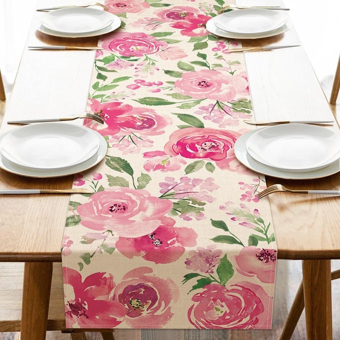 SPRING SUMMER WATERCOLOR FLOWER TABLE RUNNER PINK PEONY FLORAL KITCHEN DINING TABLE DECOR SEASONAL BURLAP HOME DECORATION INDOOR OUTDOOR PARTY SUPPLY 13 X 36 INCHES