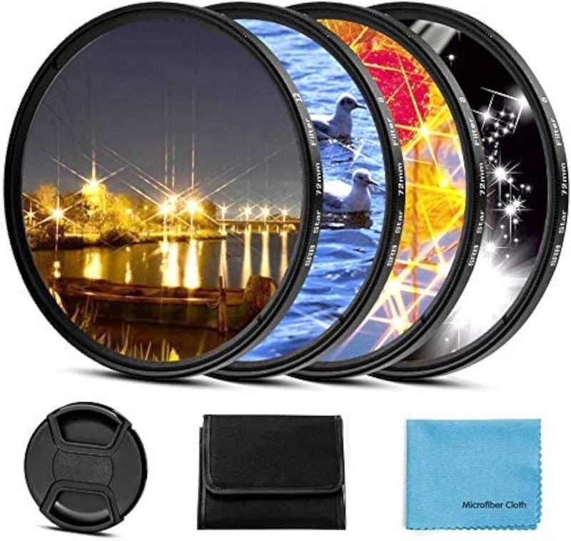 Sedremm 49mm Star Filter 4 Pieces Starburst Lens Filter(4 Points,6 Points,8 Points,12 Points) with Centre Pinch Lens Cap for Canon Nikon Sony Olympus Pentax and Other DSLR Cameras + 4 Slot Filter Pouch - Image 1