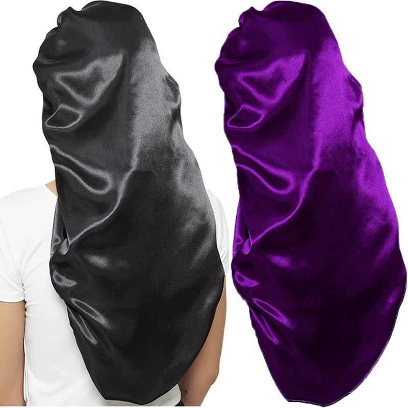 2 Pcs Hair Bonnets for Women Satin Soft Elastic Band Silky Sleeping Cap Big Bonnets for Women Comfortable Bonnet for BraidsBlackPurple