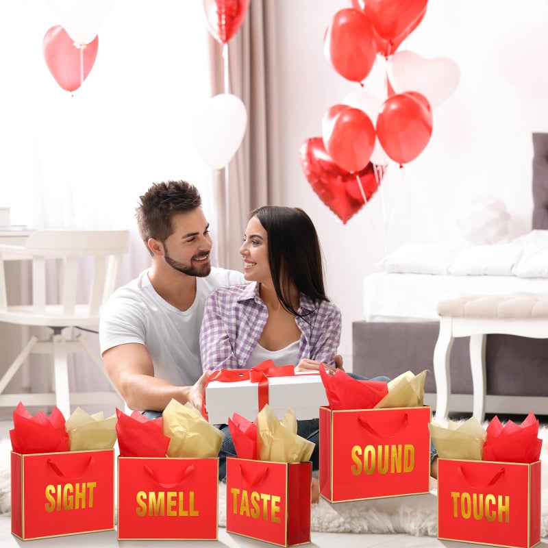 Kolldenn 5 Senses Gift Bags for Him Her Five Senses Gift Bag with Ribbon Handles and Tissue Paper Present Wrappings for Valentine Wedding Birthday Mothers Day(Red,11.8 x 10 x 4 Inch) - Image 5