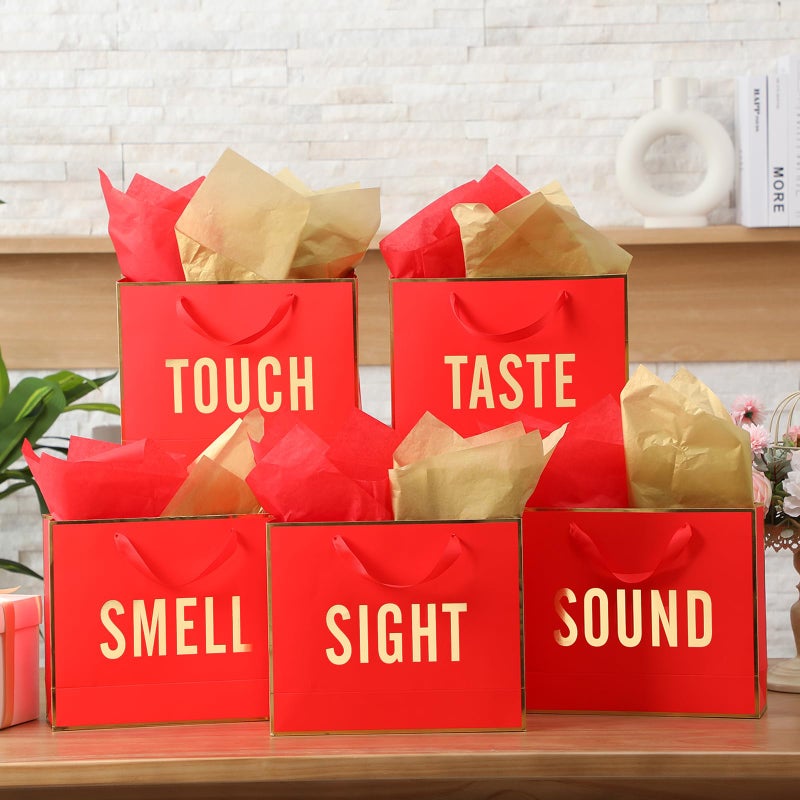 Kolldenn 5 Senses Gift Bags for Him Her Five Senses Gift Bag with Ribbon Handles and Tissue Paper Present Wrappings for Valentine Wedding Birthday Mothers Day(Red,11.8 x 10 x 4 Inch) - Image 4