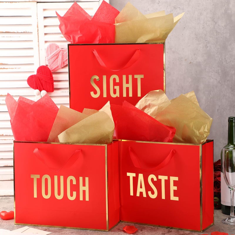 Kolldenn 5 Senses Gift Bags for Him Her Five Senses Gift Bag with Ribbon Handles and Tissue Paper Present Wrappings for Valentine Wedding Birthday Mothers Day(Red,11.8 x 10 x 4 Inch) - Image 3