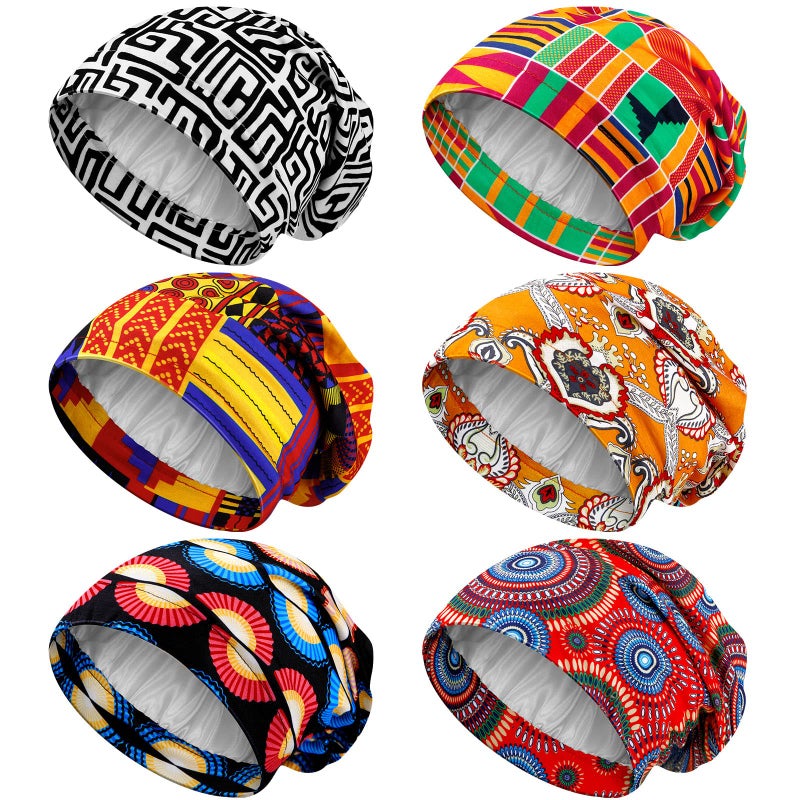 Sintege 6 Pcs Satin Lined Bonnet Sleep Chemo Hat Stretch Cancer Cap for Women Men Cancer Patient African Silk Soft BeanieBright Patterns - Image 2
