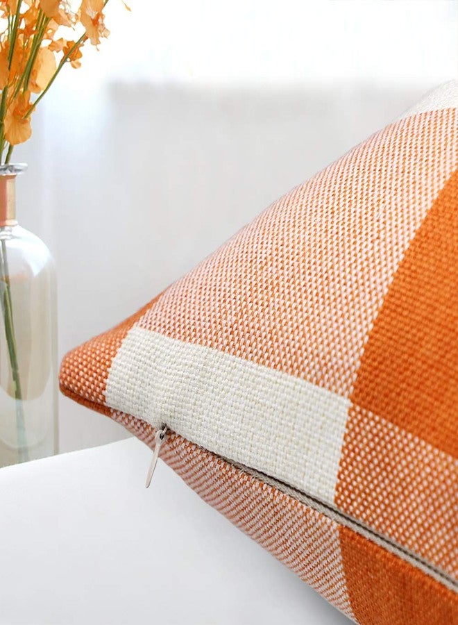 4TH Emotion Set of 2 Farmhouse Buffalo Check Plaid Throw Pillow Covers Cushion Case Polyester Linen for Fall Home Decor Orange and White, 18 x 18 Inches - Image 3