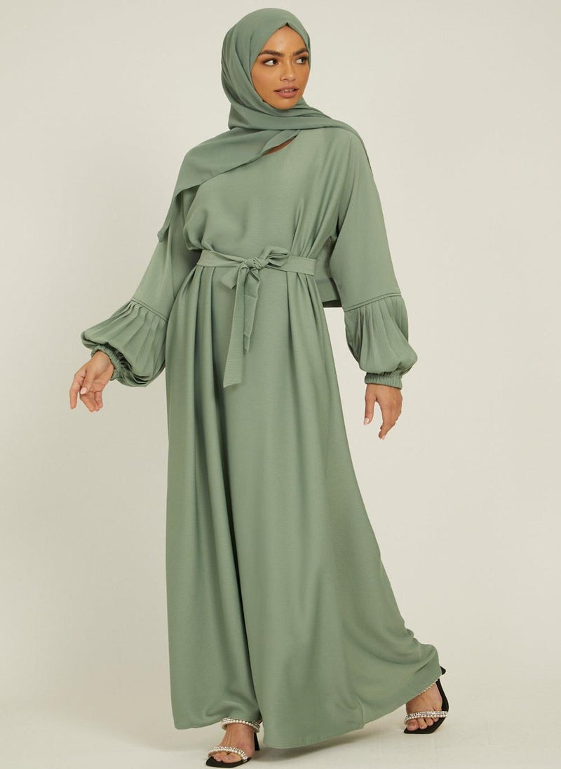 NUKHBAA Elegant Green plain abaya wityh belt and Hijab-AB77  - Image 1
