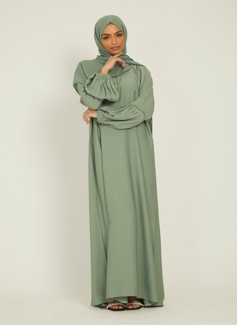 NUKHBAA Elegant Green plain abaya wityh belt and Hijab-AB77  - Image 2