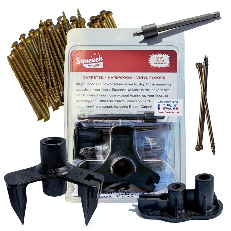 SQUEEEK NO MORE Squeaky Floor Repair Kit for Hardwood Carpet Vinyl Linoleum Complete Floor Squeak Repair Kit Includes Joist Finder Drill Bits Tripod Fixture and 50 Countersnap Screws