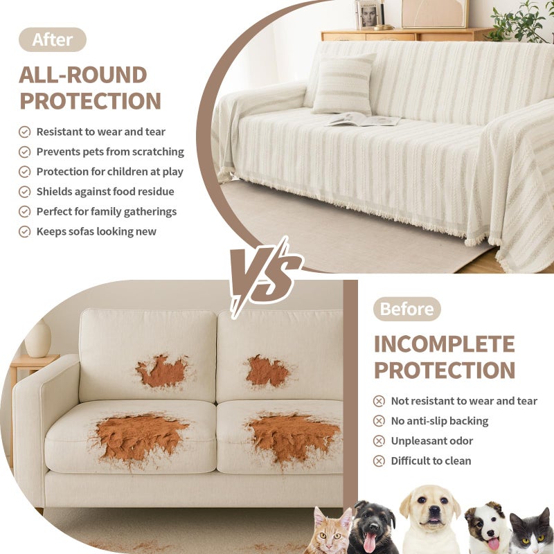 KaviKon Couch Cover for Dogs, Boho Sofa Covers for 3 Cushion Couch, Chenille Sofa Slipcover for Pets Washable, L-Shape Sectional Loveseat Cover Soft Throw Blankets with Tassels(71x118,Striped Beige) - Image 2