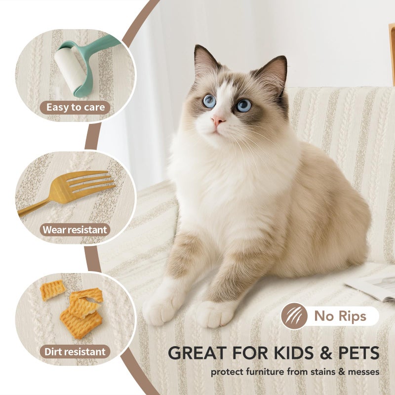 KaviKon Couch Cover for Dogs, Boho Sofa Covers for 3 Cushion Couch, Chenille Sofa Slipcover for Pets Washable, L-Shape Sectional Loveseat Cover Soft Throw Blankets with Tassels(71x118,Striped Beige) - Image 3
