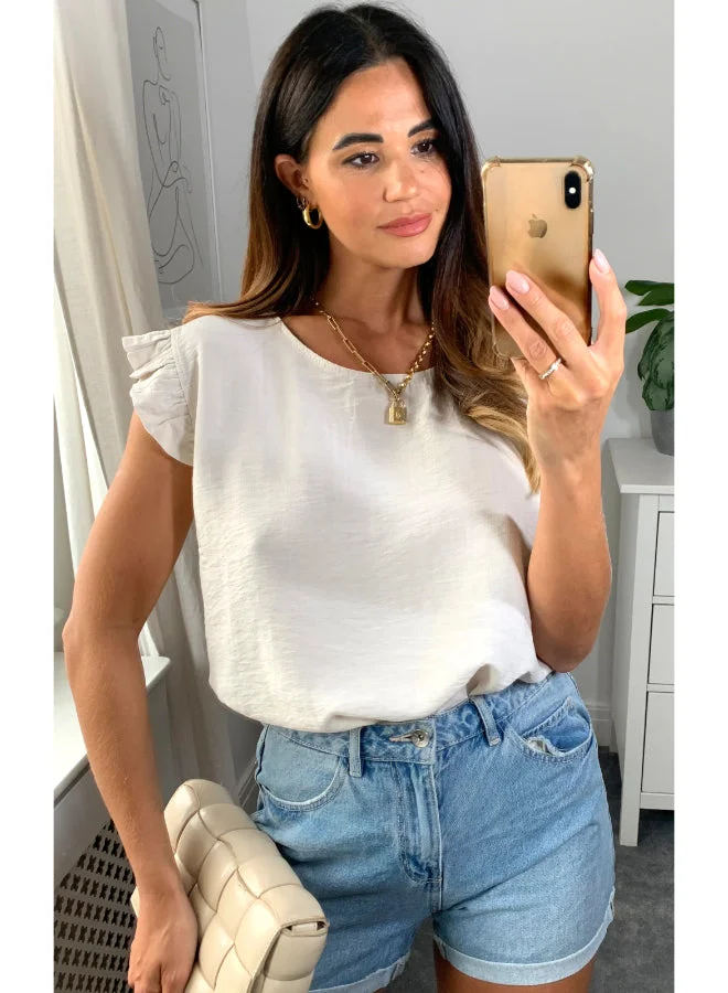 Hoxton Gal Beige Oversized Crew Neck Short Sleeve Top with Button‑Back Detail