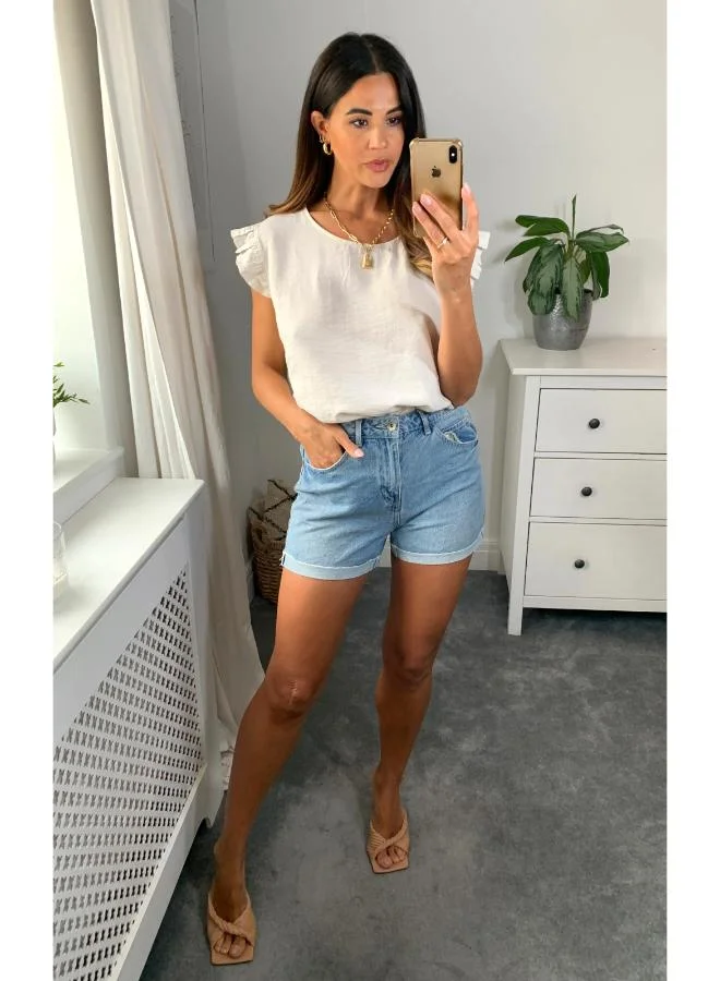 Hoxton Gal Beige Oversized Crew Neck Short Sleeve Top with Button‑Back Detail