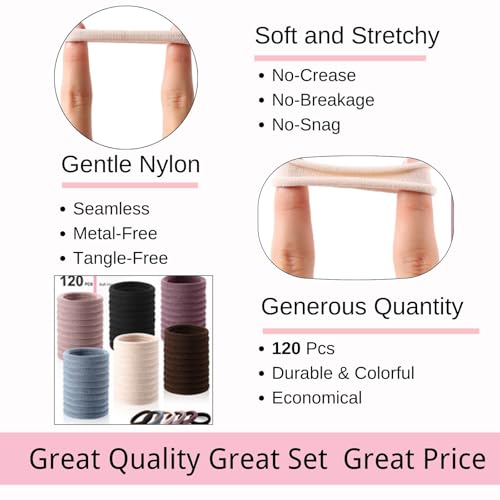 LuSeren 120PCS Soft Hair Ties for Women – No Damage Ouchless Nylon Hair Accessories, Seamless Fabric Ponytail Holders for Daily Use (Natural Colors) - Image 3
