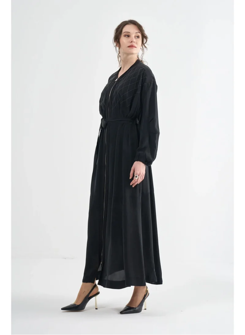 MissWhence  Textured Zip-Front Maxi Coat - Black for Women | Best Price UAE