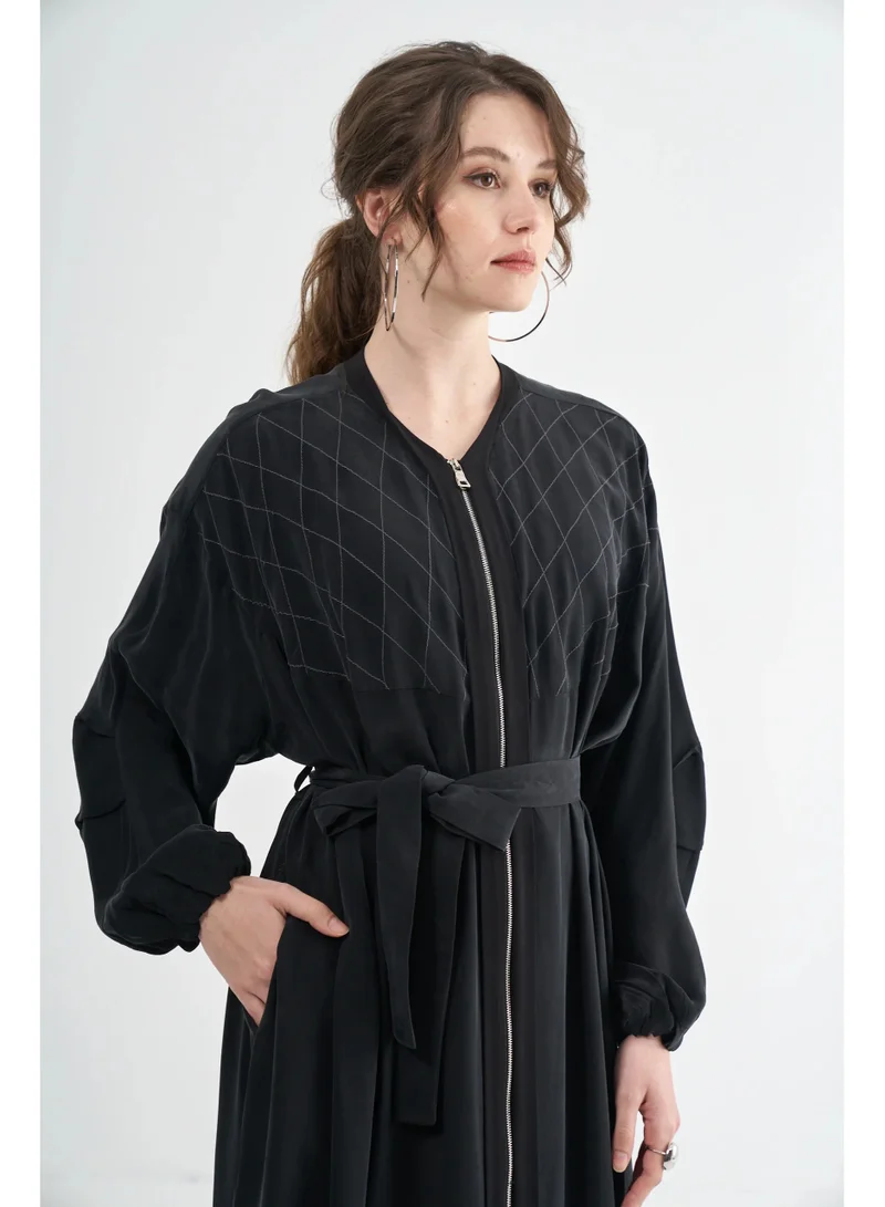 MissWhence  Textured Zip-Front Maxi Coat - Black for Women | Best Price UAE