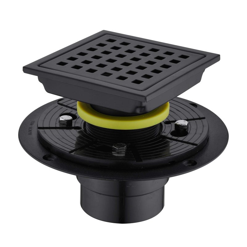 Orhemus 4 Inch Square Shower Drain with Adjustable Shower Drain Base Flange SUS 304 Stainless Steel Floor Drain with Removable Cover Grid Grate Matte Black