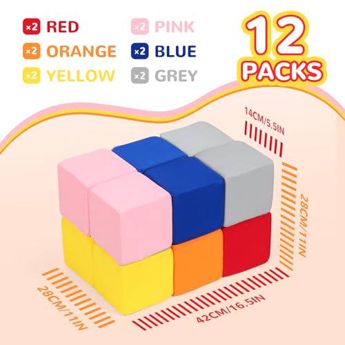 TRENDBOX Foam Blocks for Toddlers 12 Pieces Soft Building Blocks for Kids Large Foam Cubes Colourful Stacking Block Sets Throw Play Toys with Washable CoverPink Dark Blue Yellow Orange Red Gray - Image 5