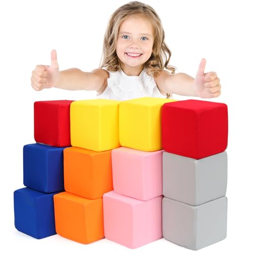TRENDBOX Foam Blocks for Toddlers 12 Pieces Soft Building Blocks for Kids Large Foam Cubes Colourful Stacking Block Sets Throw Play Toys with Washable CoverPink Dark Blue Yellow Orange Red Gray - Image 1