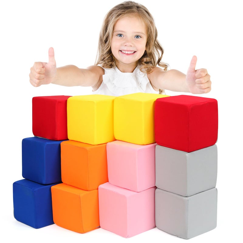 TRENDBOX Foam Blocks for Toddlers 12 Pieces Soft Building Blocks for Kids Large Foam Cubes Colourful Stacking Block Sets Throw Play Toys with Washable CoverPink Dark Blue Yellow Orange Red Gray - Image 3