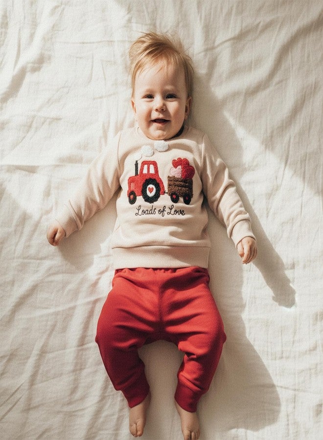 Mobbdow Toddler Baby Boy Valentines Outfit Heart Tractor Embroidery Crewneck Long Sleeve Sweatshirt Top Jogger Pants Set (A-Apricot Red, 18-24 Months) - Image 2