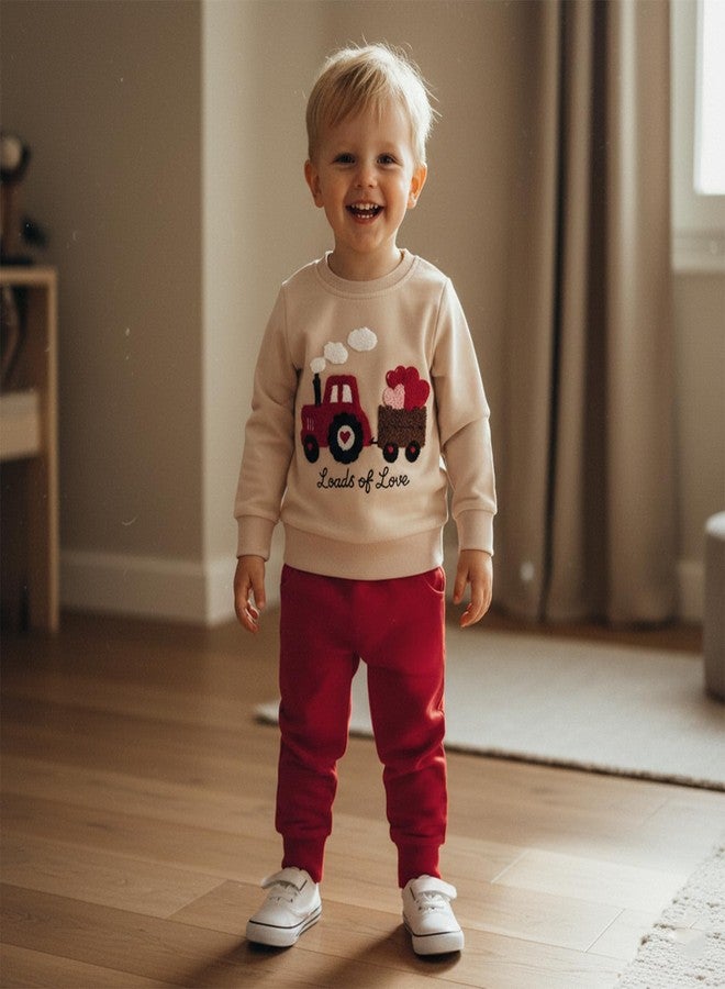 Mobbdow Toddler Baby Boy Valentines Outfit Heart Tractor Embroidery Crewneck Long Sleeve Sweatshirt Top Jogger Pants Set (A-Apricot Red, 18-24 Months) - Image 3