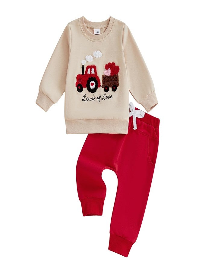 Mobbdow Toddler Baby Boy Valentines Outfit Heart Tractor Embroidery Crewneck Long Sleeve Sweatshirt Top Jogger Pants Set (A-Apricot Red, 18-24 Months) - Image 1