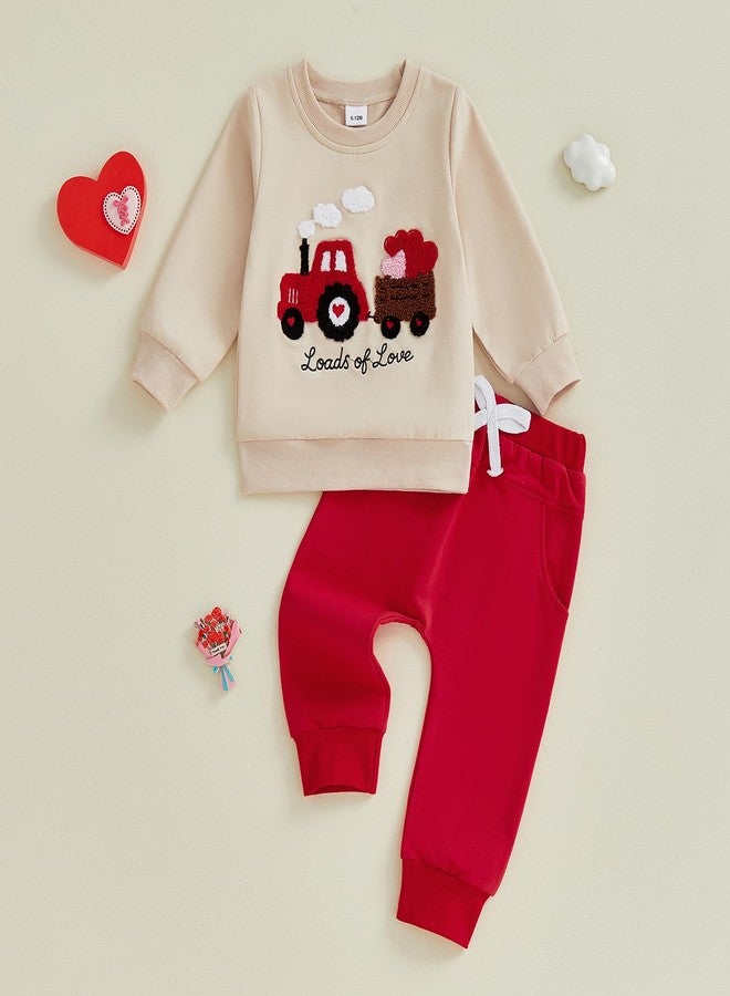 Mobbdow Toddler Baby Boy Valentines Outfit Heart Tractor Embroidery Crewneck Long Sleeve Sweatshirt Top Jogger Pants Set (A-Apricot Red, 18-24 Months) - Image 5