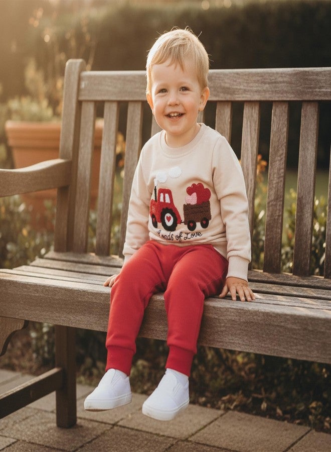 Mobbdow Toddler Baby Boy Valentines Outfit Heart Tractor Embroidery Crewneck Long Sleeve Sweatshirt Top Jogger Pants Set (A-Apricot Red, 18-24 Months) - Image 4