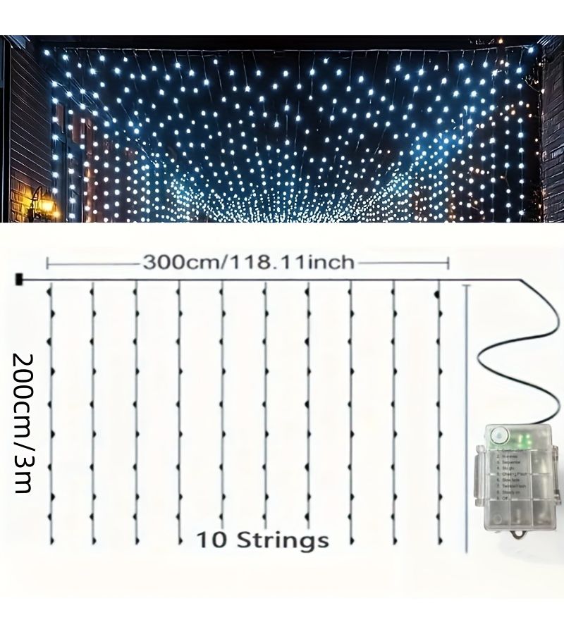 9.8 × 6.5 قدم أضواء خيطية خارجية على شكل شلال 200 لمبة LED ضوء أبيض تعمل بالبطارية مع تحكم بزر 8 أوضاع أضواء خرافية رائعة للعرش والفناء وحفلات الزفاف - Image 3