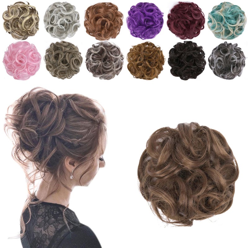 Elaine Hair Buns Hair Piece Messy Tousled Wavy Curly Scrunchies Wrap Ponytail Extensions With Elastic Rubber Band Synthetic Donut Updo Hairpieces for Women Girls Chestnut Brown6A