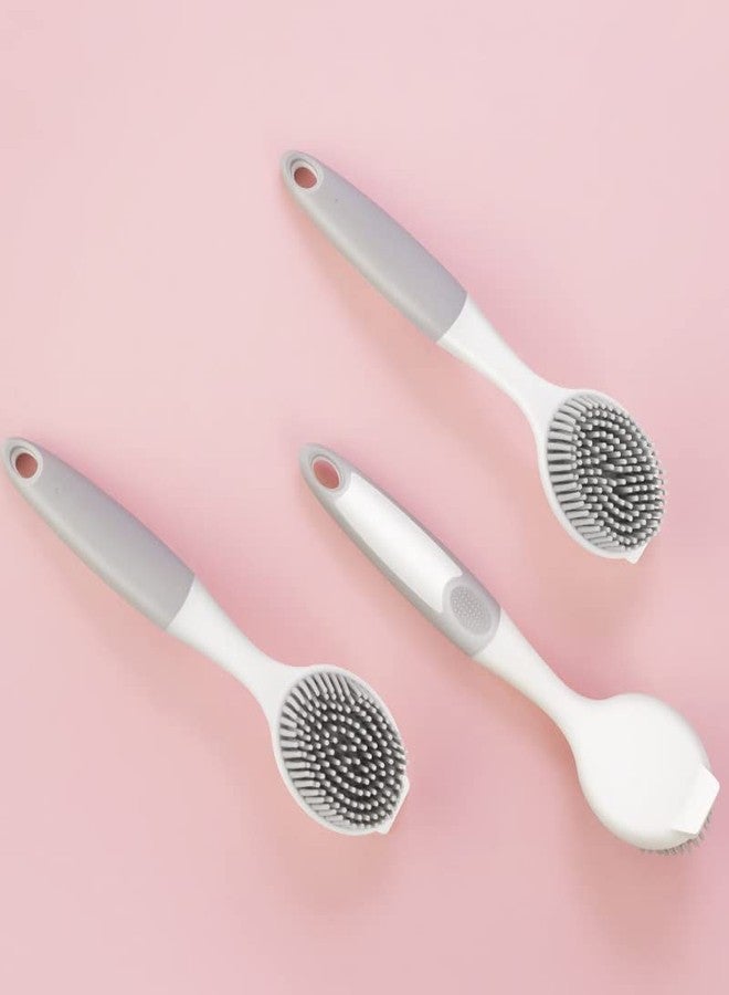 AMORBASE Dish Scrubber, Silicone Soft Bristles Scrub Brush with Scraper Tip, Comfortable Grip Brushes for Kitchen Sink, Pans, Pots, Skillet, Vegetable, Fruit, Potato Cleaning (White/Grey) - Image 3