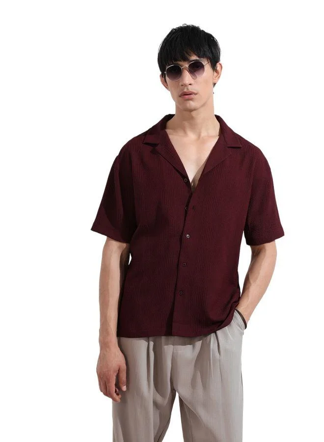 The Indian Garage Co Men Relaxed Fit Textured Cuban Collar Half Sleeves Shirt