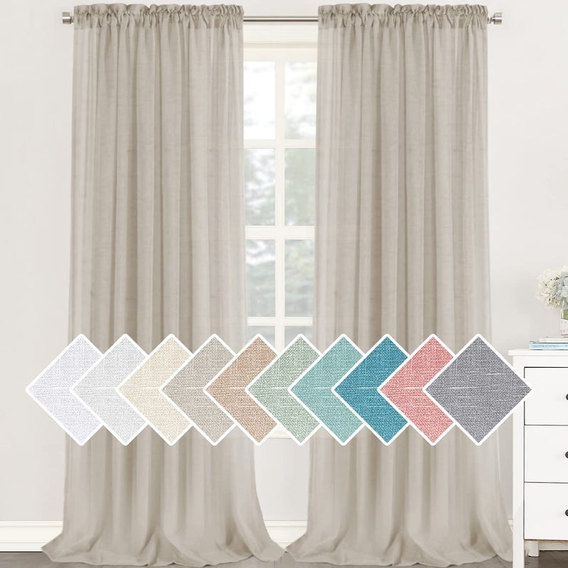 HVERSAILTEX Natural Linen Sheer Curtains for Bedroom 108 Inches Length 2 Panels Textured Woven Linen Window Drapes for Living Room Light Filtering Rod Pocket Curtains  Linen